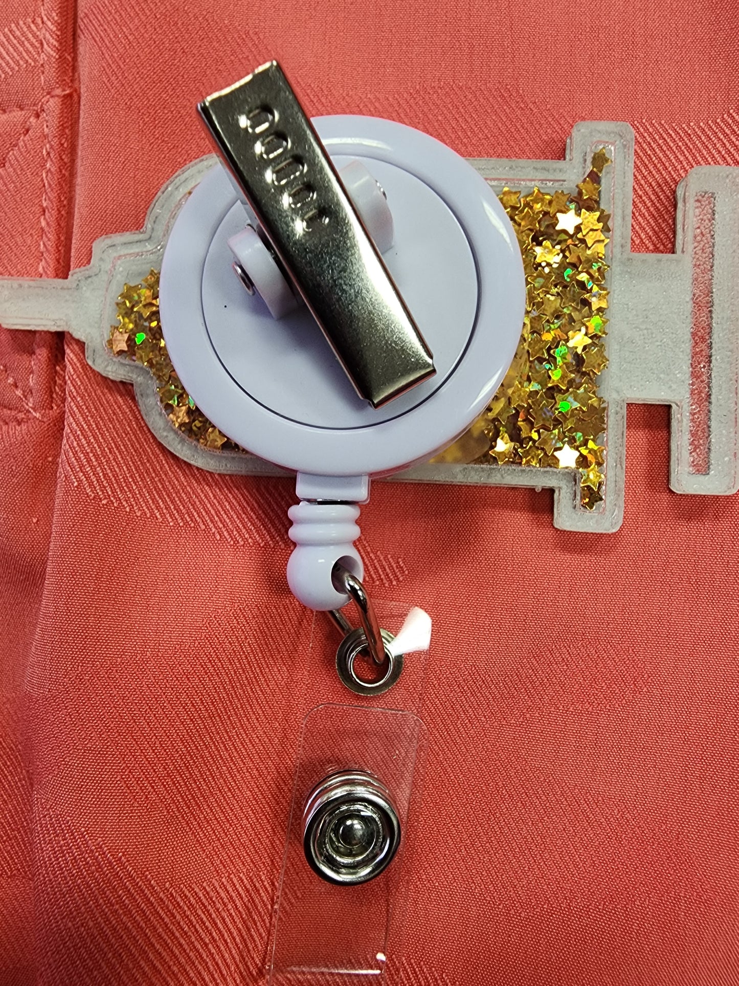 "I CALL THE SHOTS" GLITTER ID BADGE/NAME TAG HOLDER