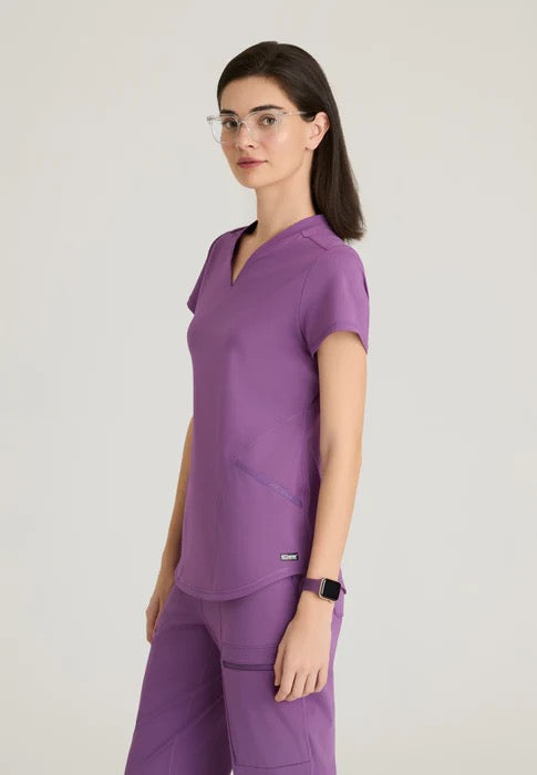 Grey's Anatomy Knit STRETCH Women's 2-Pocket Banded Notched V-Neck Top #GRST249