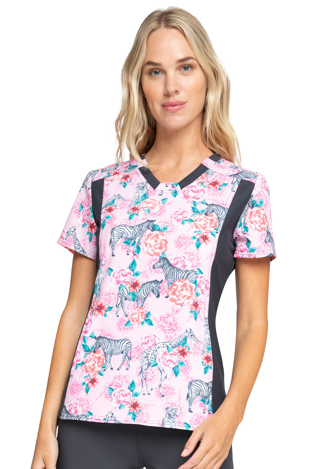 Cherokee IFlex Printed V-Neck Knit Panel Scrub Top #CK641