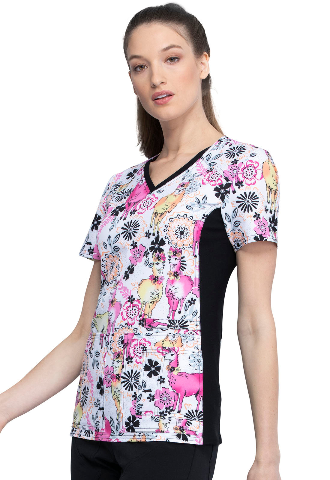 Cherokee iFlex Women's V-Neck Printed Knit Panel Top | #CK636