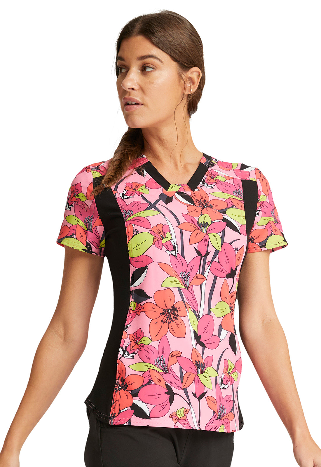Cherokee IFlex Printed V-Neck Knit Panel Scrub Top #CK641