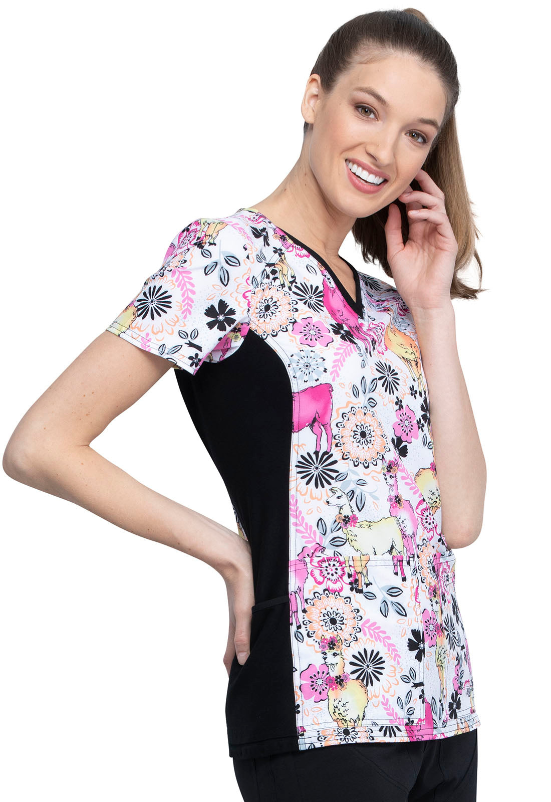 Cherokee iFlex Women's V-Neck Printed Knit Panel Top | #CK636