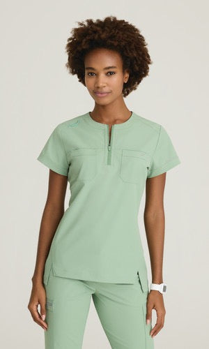 Skechers by Barco Ripstop Trek Women's 2-Pocket STRETCH Rounded Zip Neck Tuck In Scrub Top #SKT284