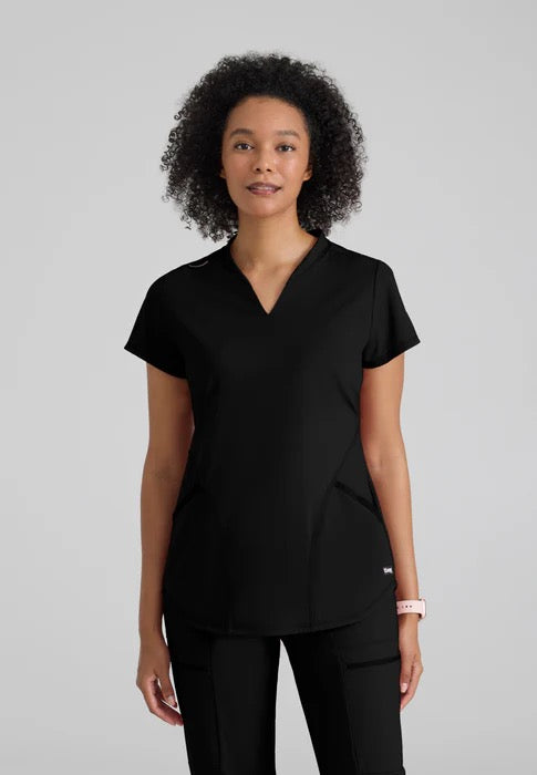 Grey's Anatomy Knit STRETCH Women's 2-Pocket Banded Notched V-Neck Top  #GRST249