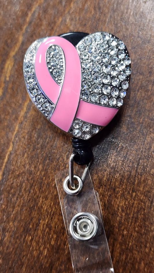 PINK RIBBON HEART  ID BADGE/NAME TAG HOLDER