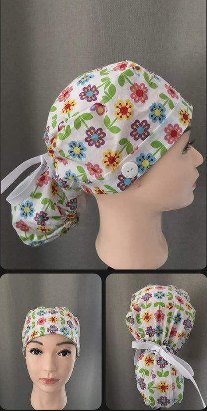 Ponytail Scrub Hat with Buttons